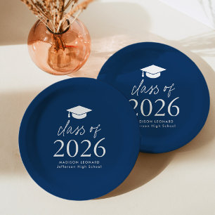 Modern Class of 2026 Script Navy Blue Graduation Paper Plates