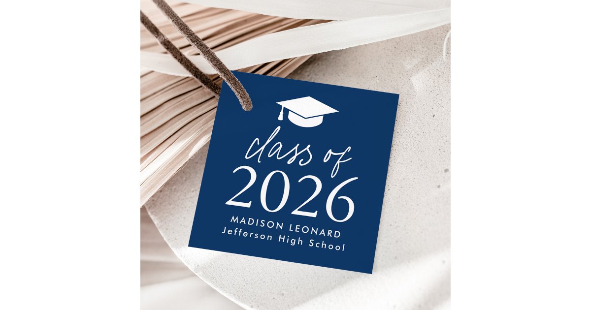 Modern Class of 2026 Script Navy Graduation Favor Tags | Zazzle