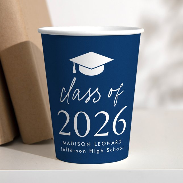 Modern Class of 2026 Script Navy Graduation Paper Cups (Creator Uploaded)