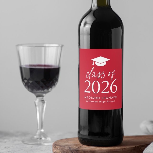 Modern Class of 2026 Script Red Graduation Wine Label (Creator Uploaded)