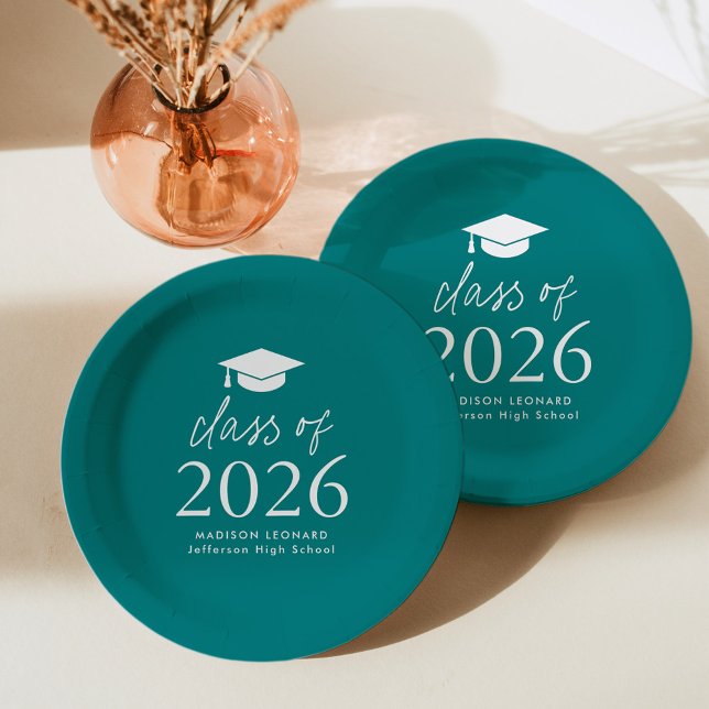 Modern Class of 2026 Script Teal Graduation Paper Plates (Creator Uploaded)
