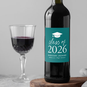 Modern Class of 2026 Script Teal Graduation Wine Label