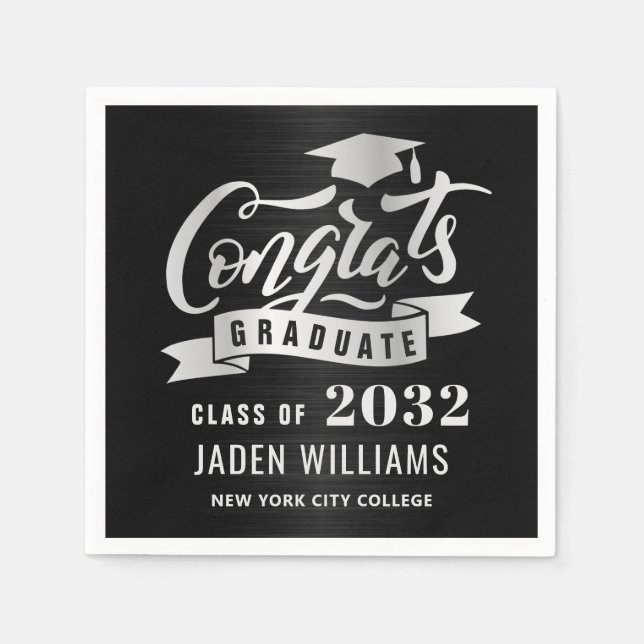 Modern Class of 2026 Silver Black Graduation Party Napkins (Front)