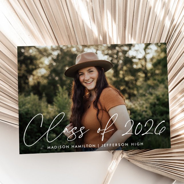 Modern Class of 2026 White Script Photo Graduation Announcement (Creator Uploaded)