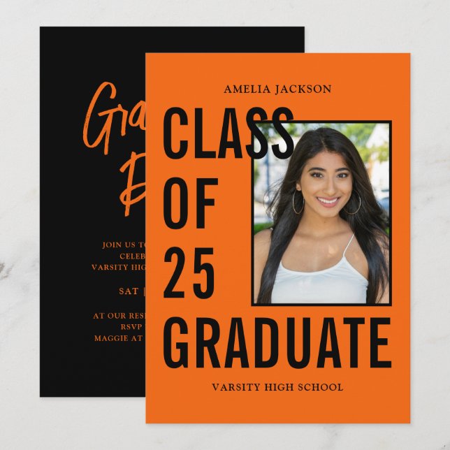 Modern Class Of 25 Orange & Black Graduation Party Invitation (Front/Back)