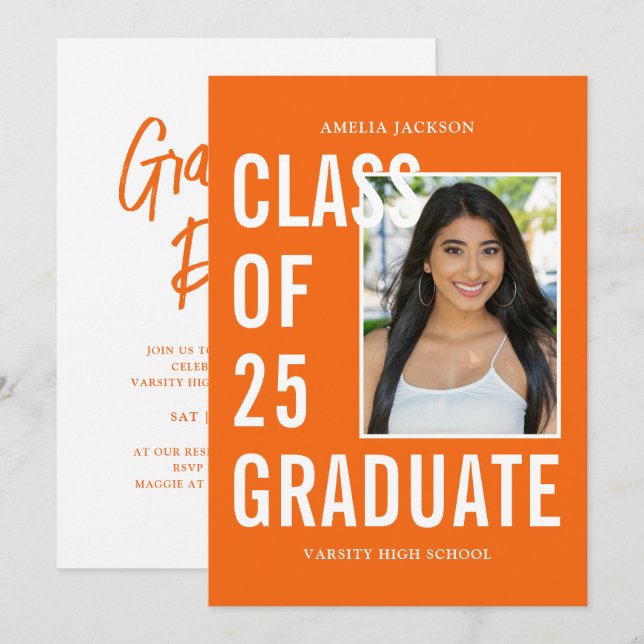 Modern Class Of 25 Orange Graduation Party Invitation (Front/Back)