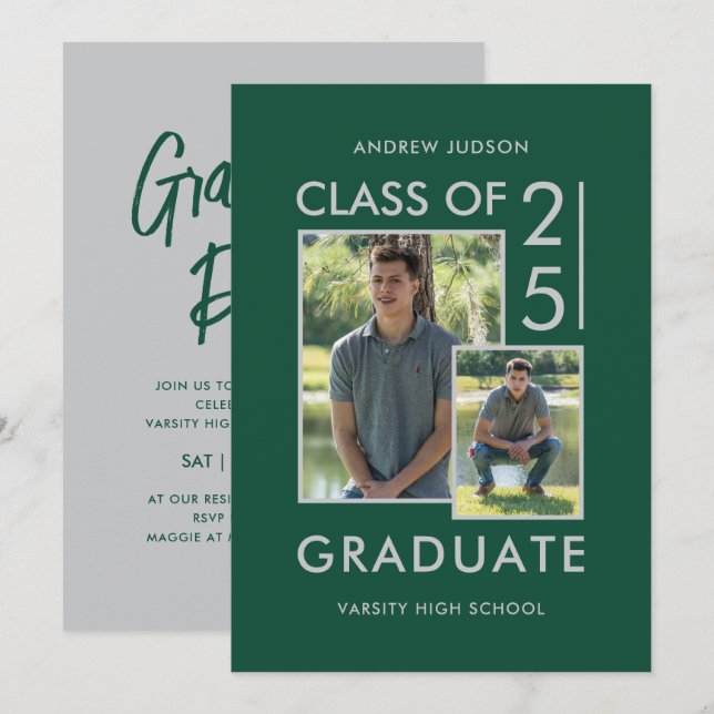 Modern Class Of 26 Green Silver 2 Photo Grad Party Invitation (Front/Back)