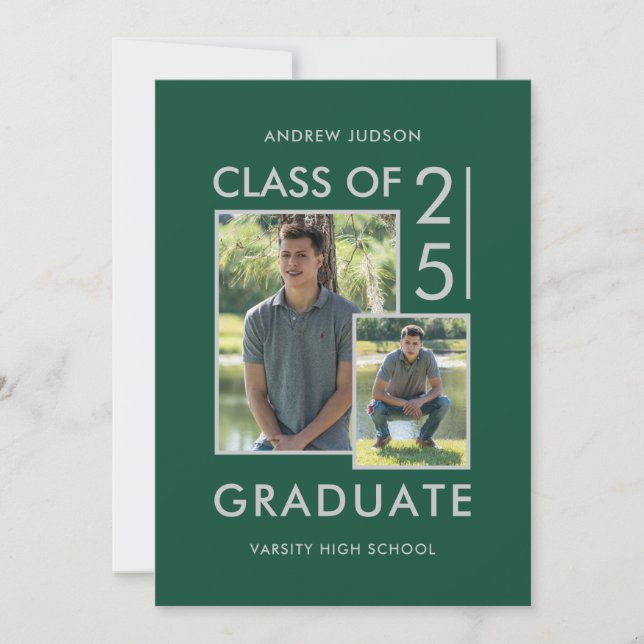 Modern Class Of 26 Green Silver 2 Photo Open House Announcement (Front)