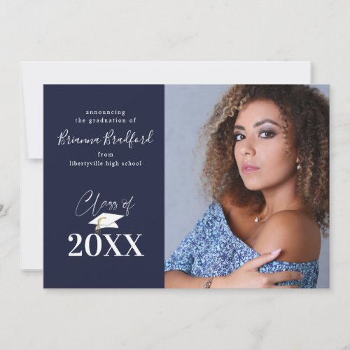 Modern CLASS OF Script Navy Blue Graduation Announcement