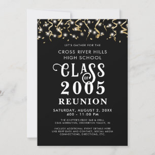 Modern Class Reunion Black Gold Confetti Streamers Invitation