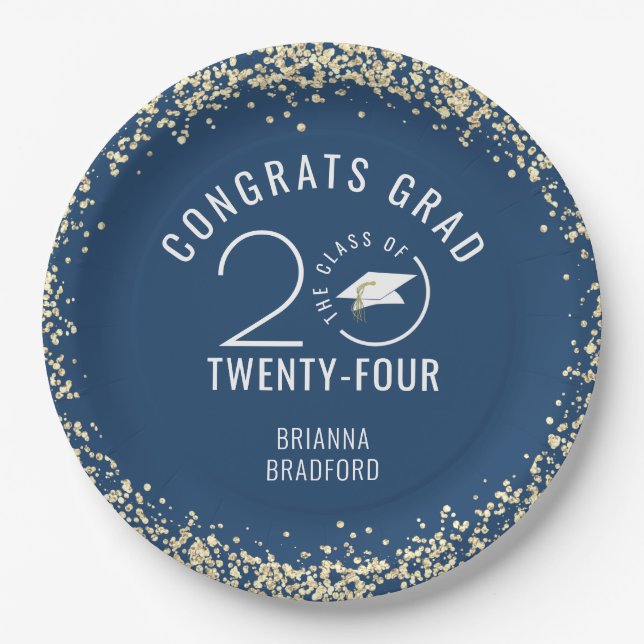 Modern CLASS YEAR Graduation Blue Gold Paper Plates (Front)