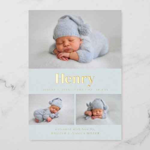 Modern Classic 3 Photo Collage Baby Blue Foil Invitation