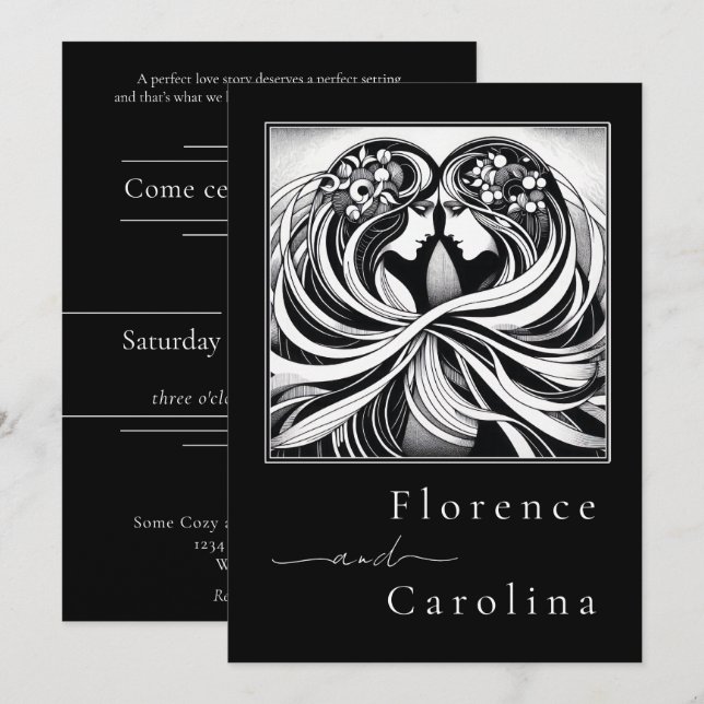 Modern Classic Art Deco Black & White Wedding  Invitation (Front/Back)