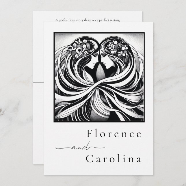 Modern Classic Art Deco Black & White Wedding  Invitation (Front/Back)