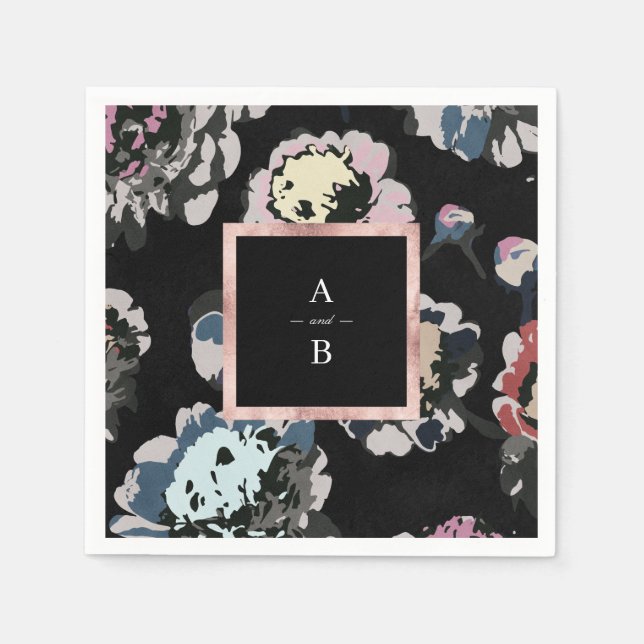 Modern classic black abstract floral monogram napkins (Front)