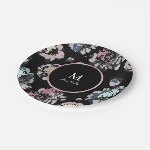 Modern classic black abstract floral monogram paper plates