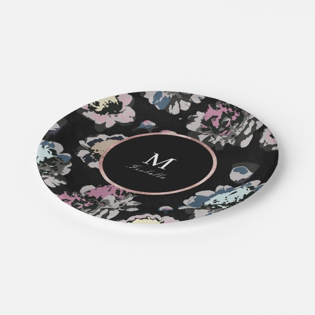 Modern classic black abstract floral monogram paper plates (Angled)