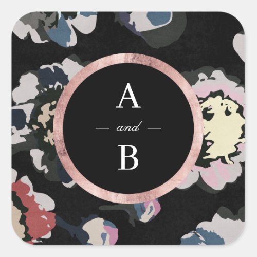 Modern classic black abstract floral monogram square sticker