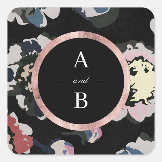 Modern classic black abstract floral monogram square sticker (Front)