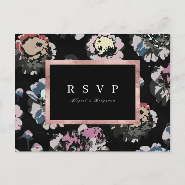 Modern classic black abstract floral wedding RSVP Invitation Postcard (Front)