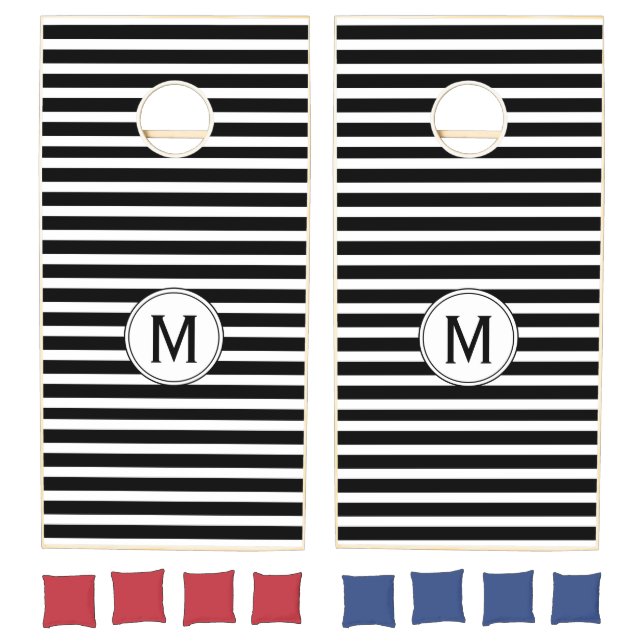 Modern Classic Black and White Stripe | Monogram Cornhole Set (Set)