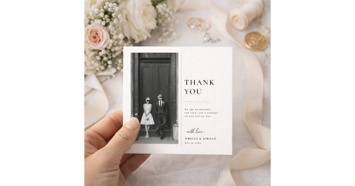 Modern Classic Black and White Wedding Photo Thank You Card | Zazzle