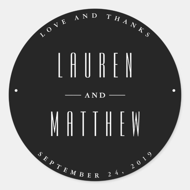 Modern Classic | Black and White Wedding Round Sticker (Front)