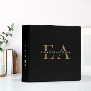 Modern Classic Black Gold Two Initial Monogram 3 Ring Binder