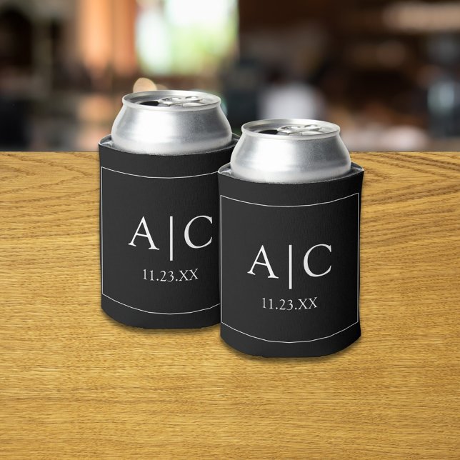  Modern Classic Black Monogram Wedding Can Cooler (Creator Uploaded)