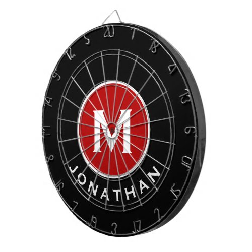 Modern Classic Black Red Monogram Name Dart Board