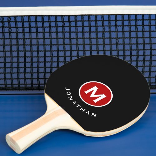 Modern Classic Black Red Monogram Name Ping Pong Paddle