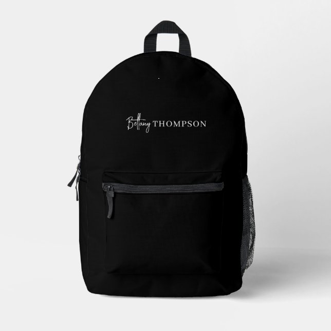Modern Classic Black & Script Monogram Printed Backpack (Front)