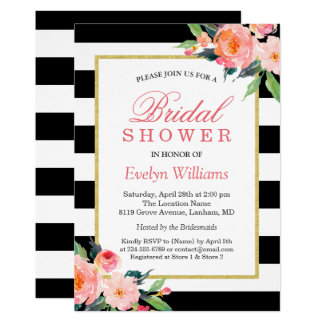 Modern Classic Black Stripes Floral Bridal Shower Card