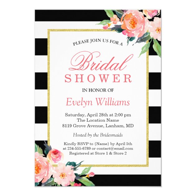 Modern Classic Black Stripes Floral Bridal Shower Invitation