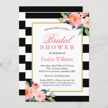 Modern Classic Black Stripes Floral Bridal Shower Invitation