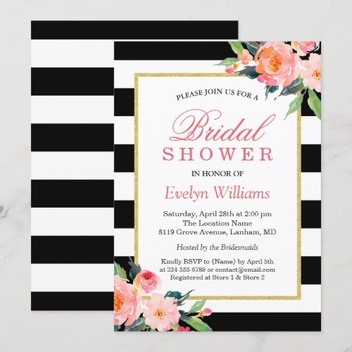 Modern Classic Black Stripes Floral Bridal Shower Card
