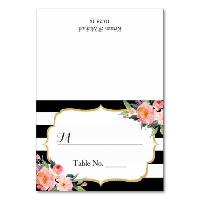 Modern Classic Black Stripes Floral Wedding Place Table Number (Front)