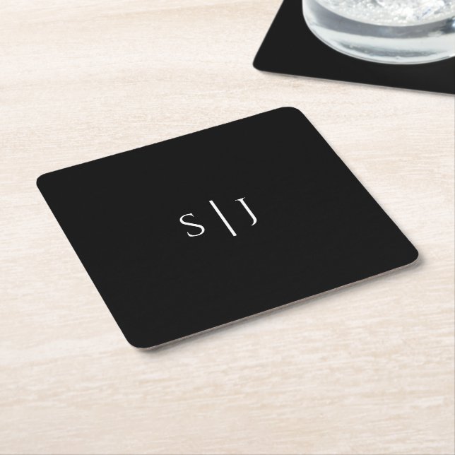 Modern Classic Black Wedding Monogram Square Paper Coaster (Angled)