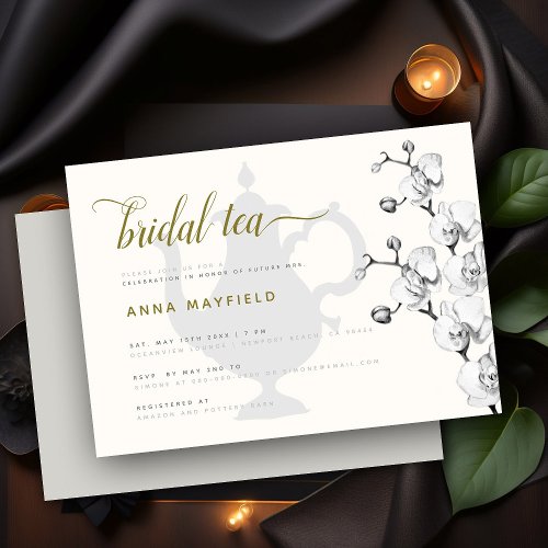 Modern Classic Black White Gold Orchid Bridal Tea Invitation