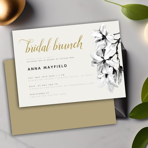 Modern Classic Black White Magnolia Bridal Brunch Invitation