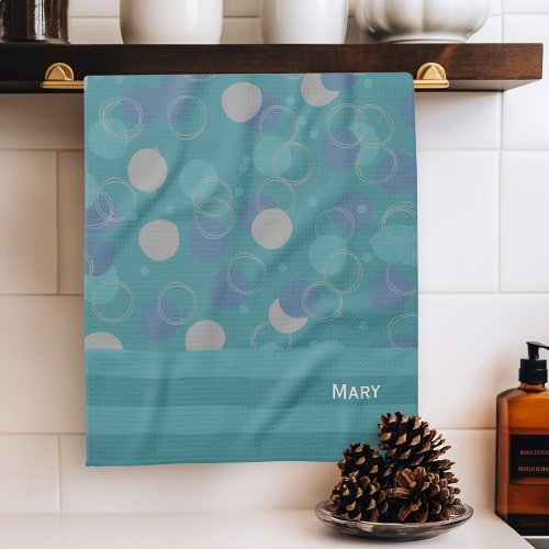 Modern Classic Blue Circles Pattern First Name Kitchen Towel