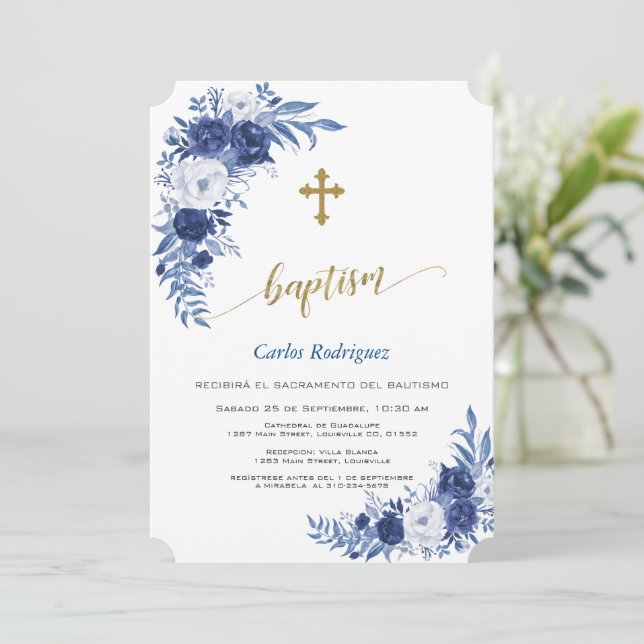 Modern Classic Blue Flowers Cross Boy Baptism Invitation (Standing Front)