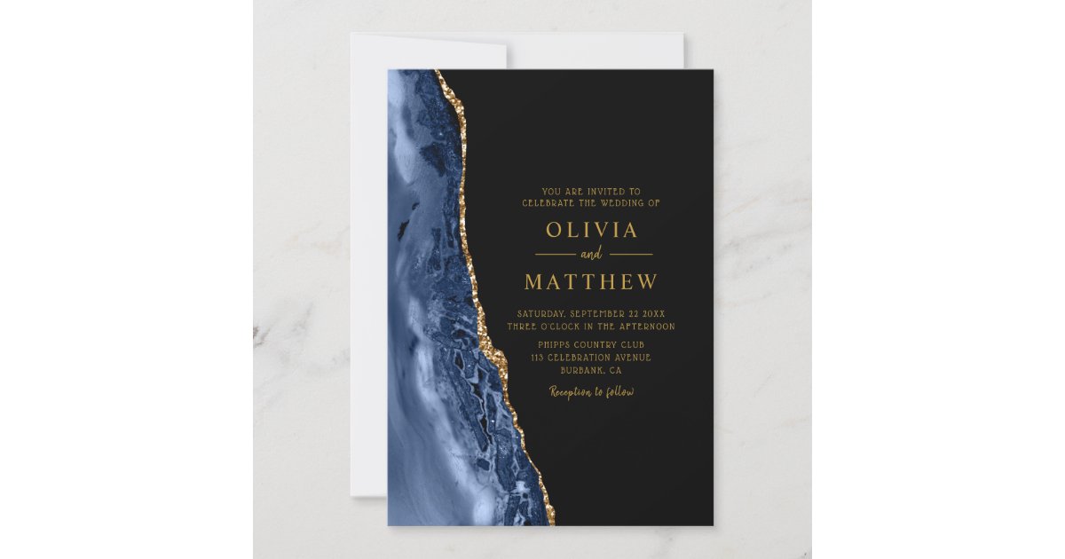 Modern Classic Blue Gold Agate Wedding Invitation | Zazzle