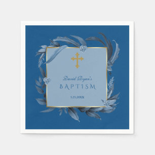 Modern Classic Blue Gold Cross Boy Baptism Napkins