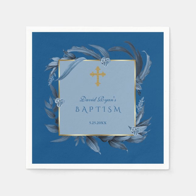 Modern Classic Blue Gold Cross Boy Baptism Napkins (Front)