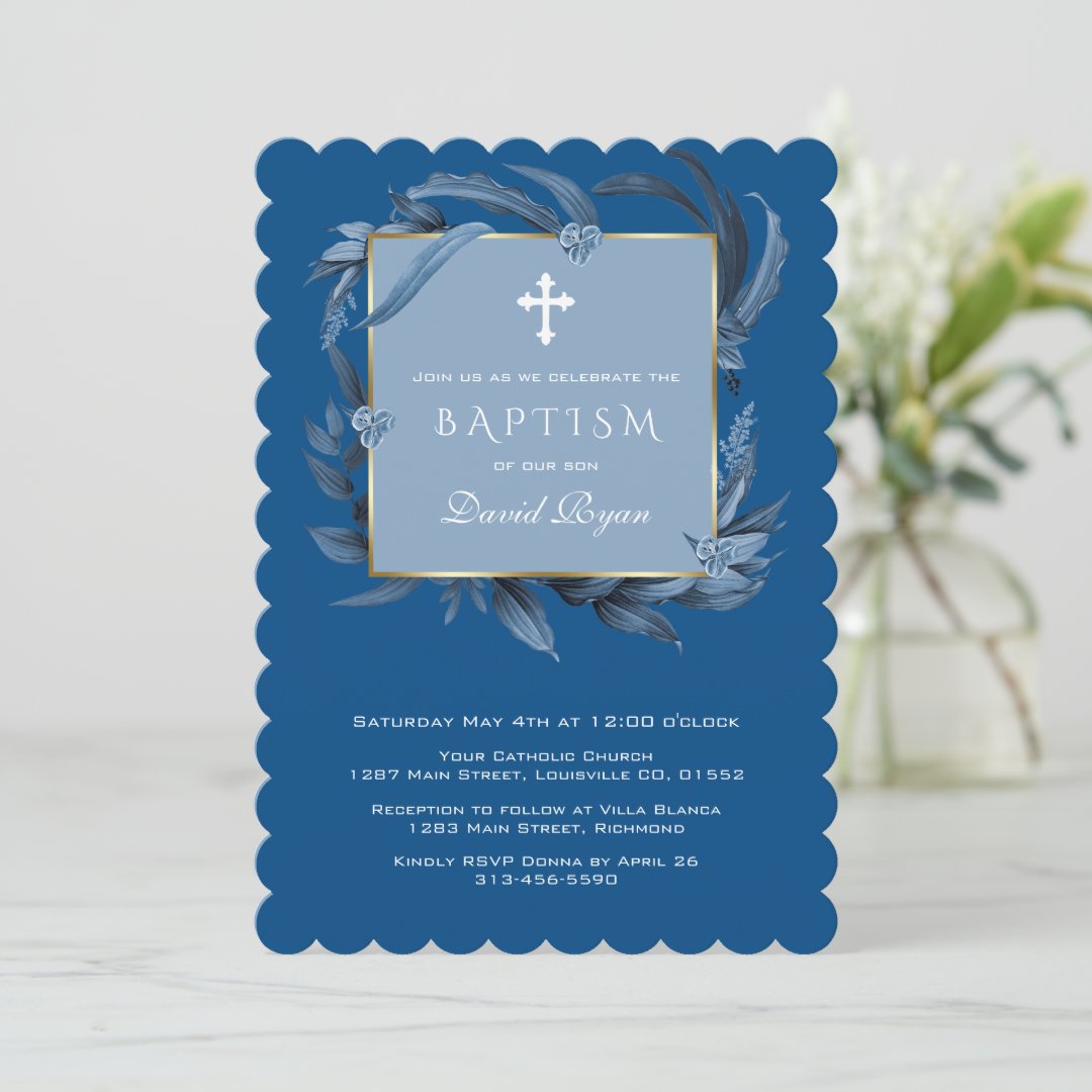 Modern Classic Blue Leaves Geometric Boy Baptism Invitation | Zazzle