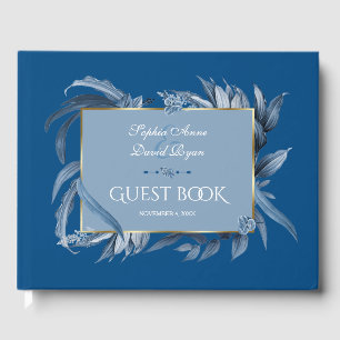 Modern Classic Blue Leaves Geometric Gold Wedding Guest Book