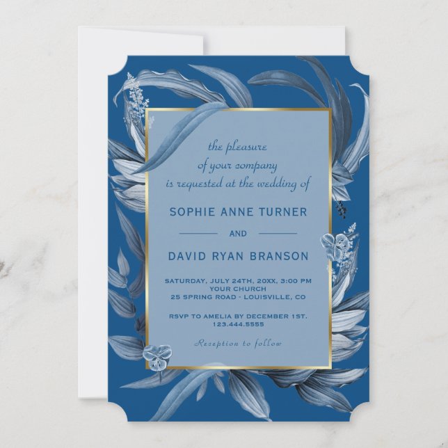 Modern Classic Blue Leaves Geometric Gold Wedding Invitation (Front)