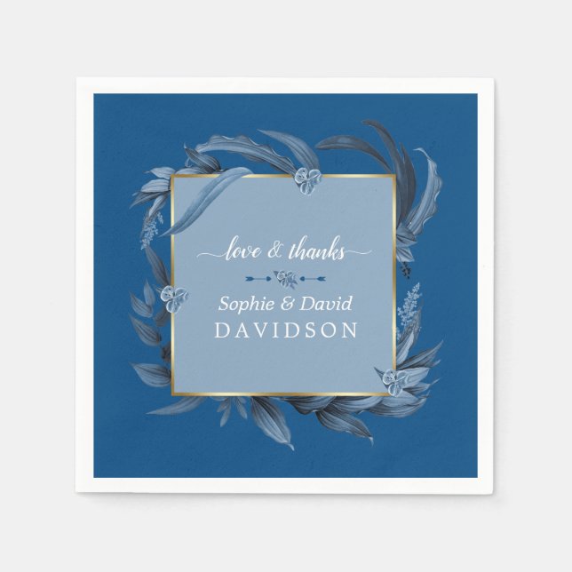 Modern Classic Blue Leaves Geometric Gold Wedding Napkins (Front)