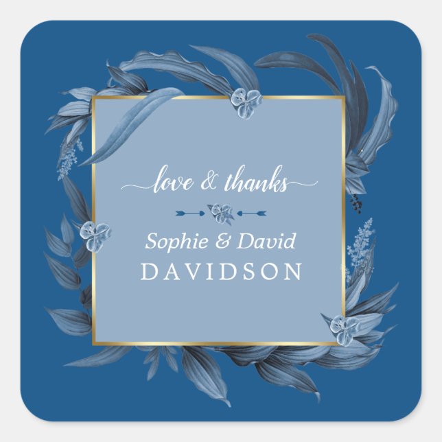 Modern Classic Blue Leaves Geometric Gold Wedding Square Sticker (Front)